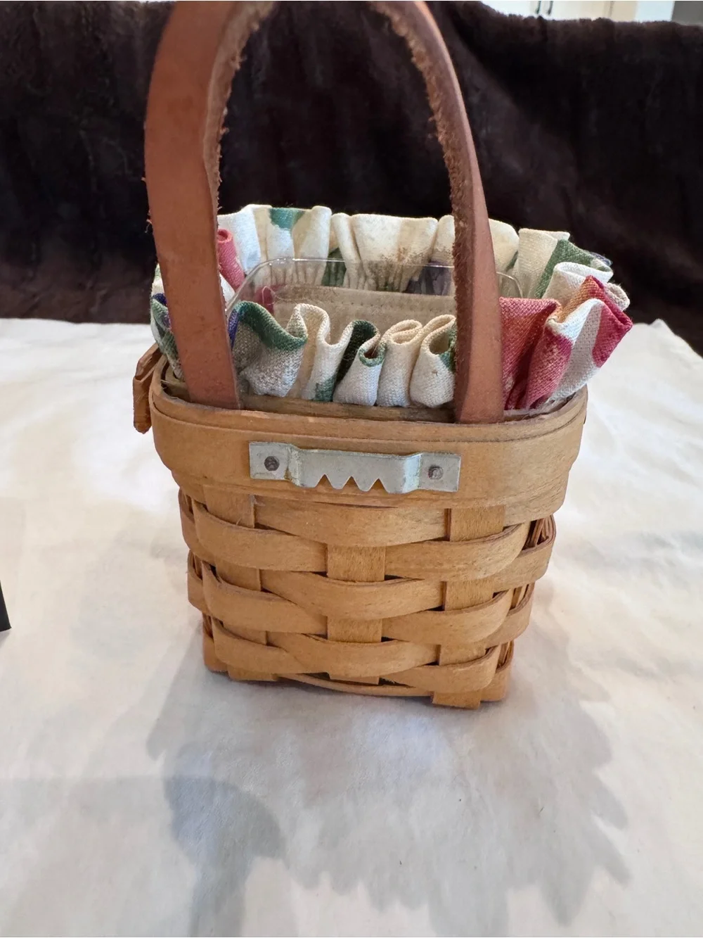 Longaberger Brown Woven Basket with Floral Ruffled Liner